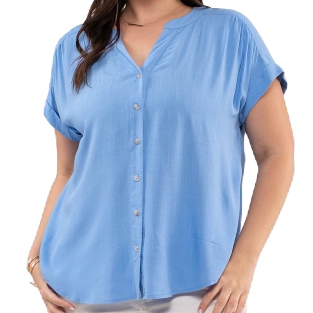 Perch By Blu Pepper Woven Light Blue Top Size‎ 1X Rolled Cuff Sleeves
